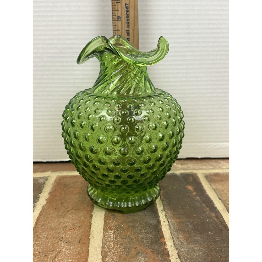 Vintage 1970s Green Hobnail Vase Ruffled Rim 8" Tall Swirled Glass Neck Footed